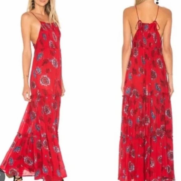 Free People Intimately Garden Party Red Floral Maxi with Tie Straps. Size S - Picture 3 of 6